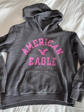 Large American Eagle 7684 Vintage Charcoal Hoodie Distressed Pink Logo Graphic